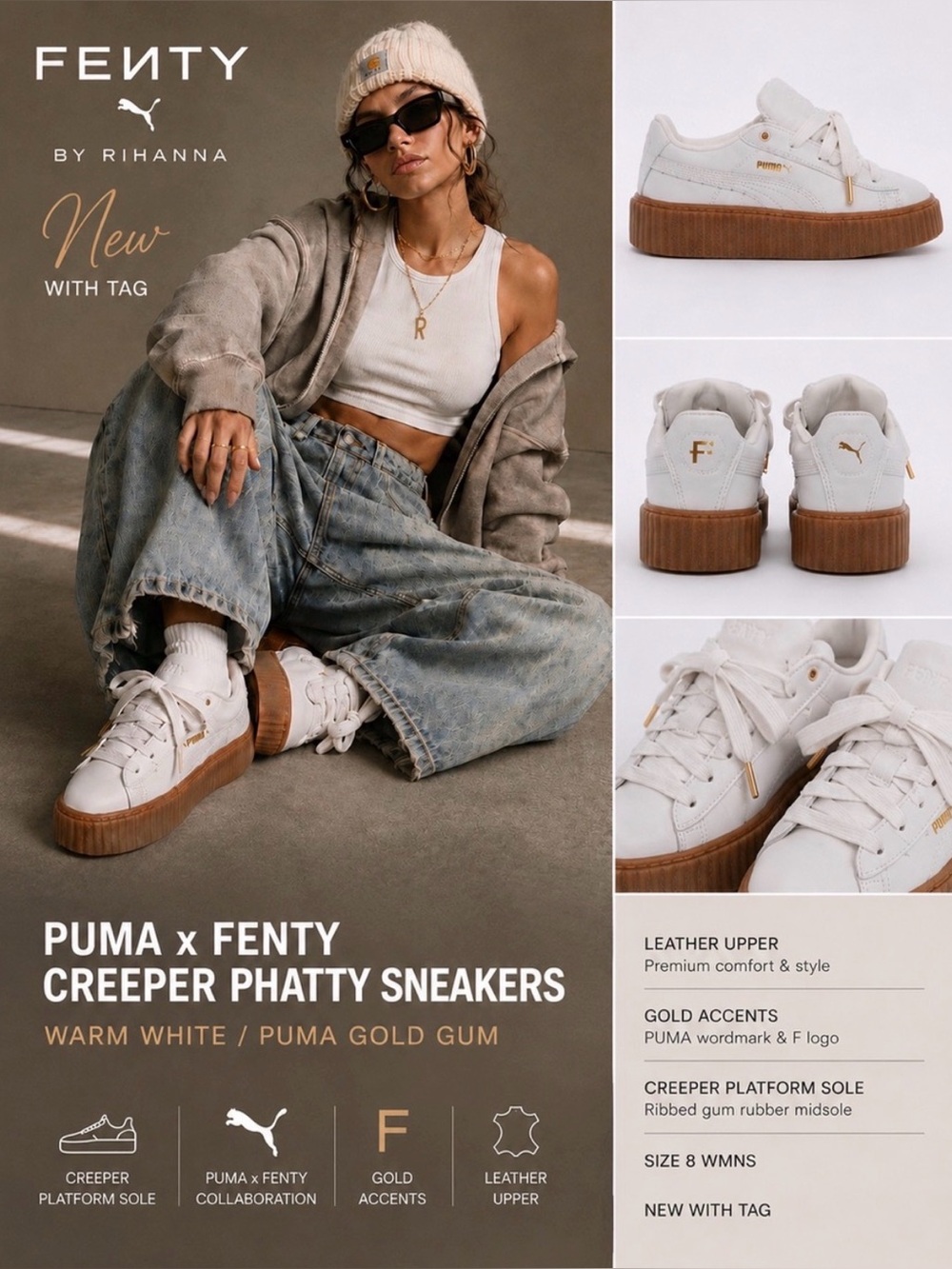 Size 8 Fenty x Puma Creeper Phatty Warm White Gum Womens Sneakers 399865-03